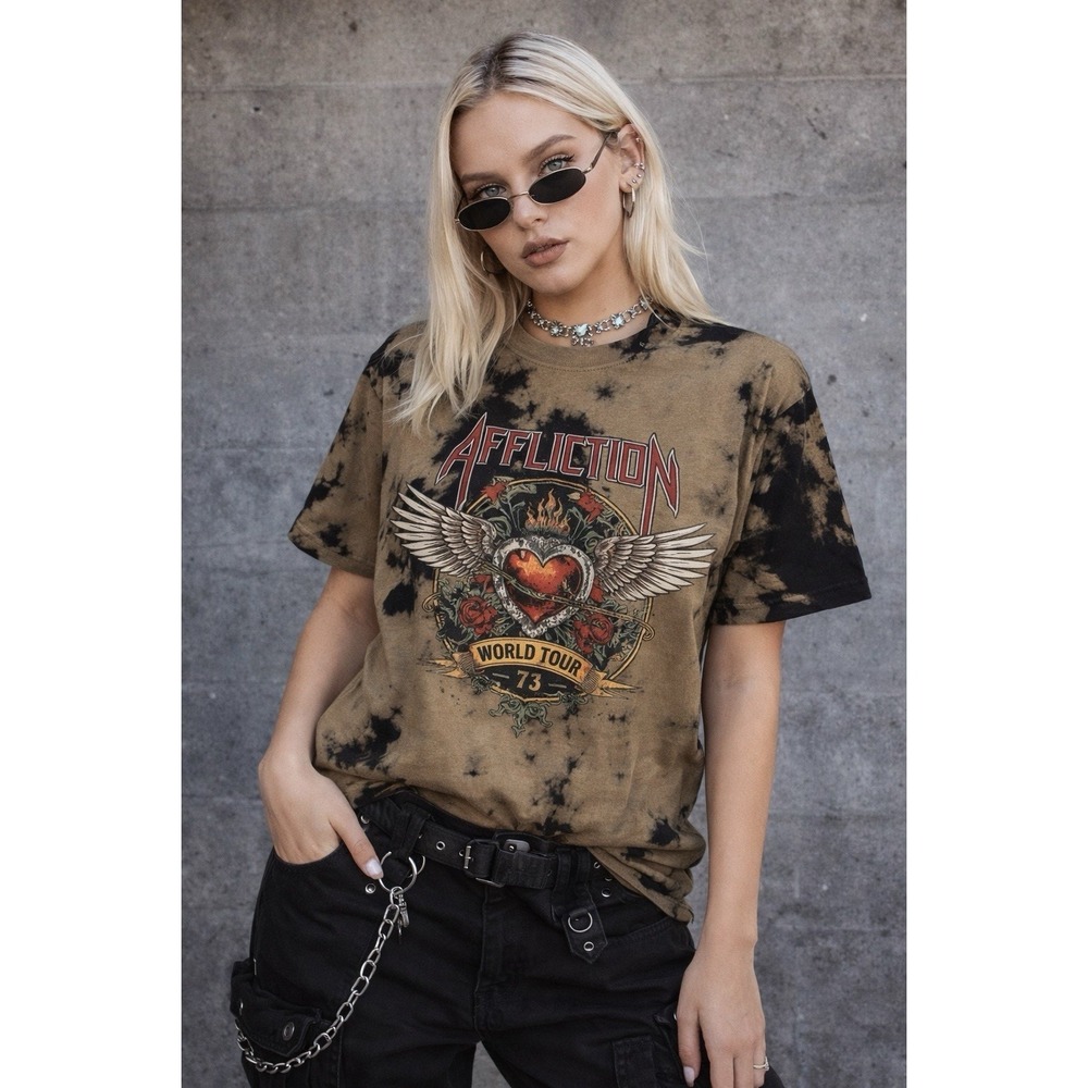 Affliction T Shirt Womens M  Tie Dye Graphic World Tour Wings Heart‎ Y2K Grunge